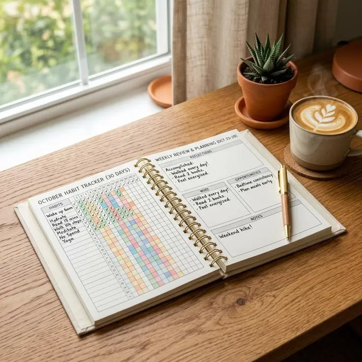 Water bottle beside a daily tracking chart on a desk